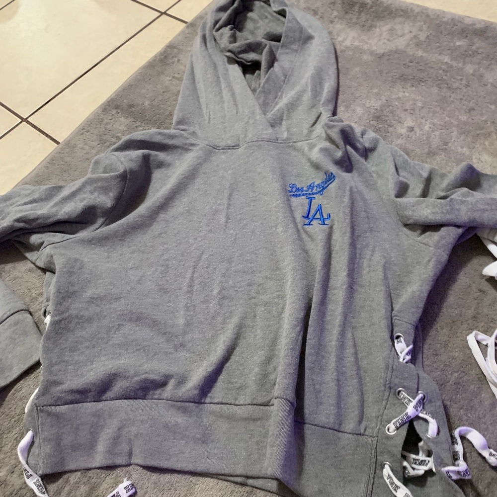 PINK crop Dodgers lace up hoodie